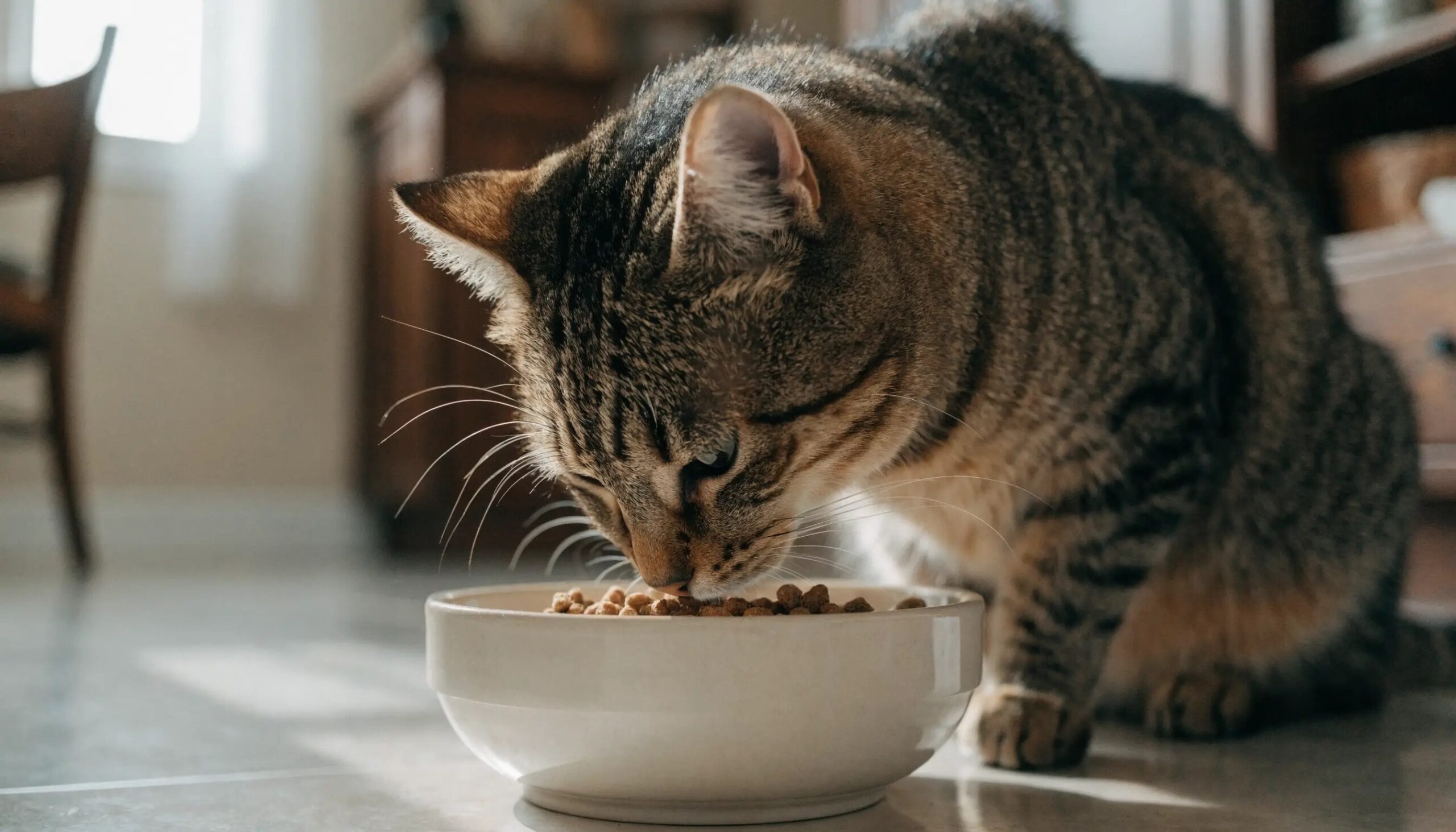 Cat eating from a food bowl