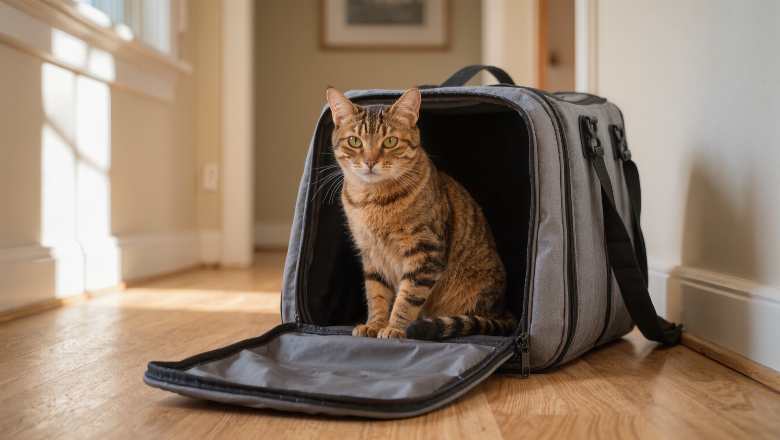 A tabby cat sitting inside an open soft-sided pet carrier in a sunlit hallway