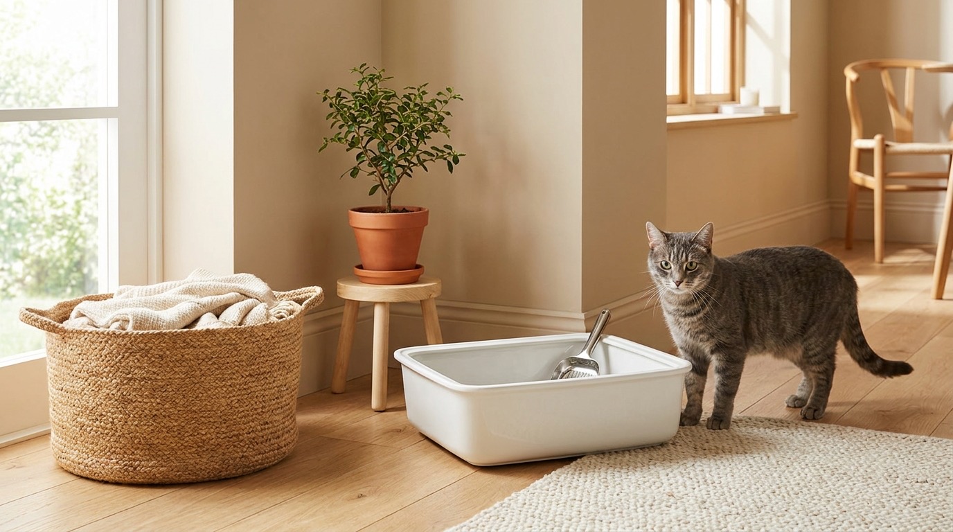 A grey tabby cat standing beside a clean open litter tray with a scoop in a bright tidy home corner