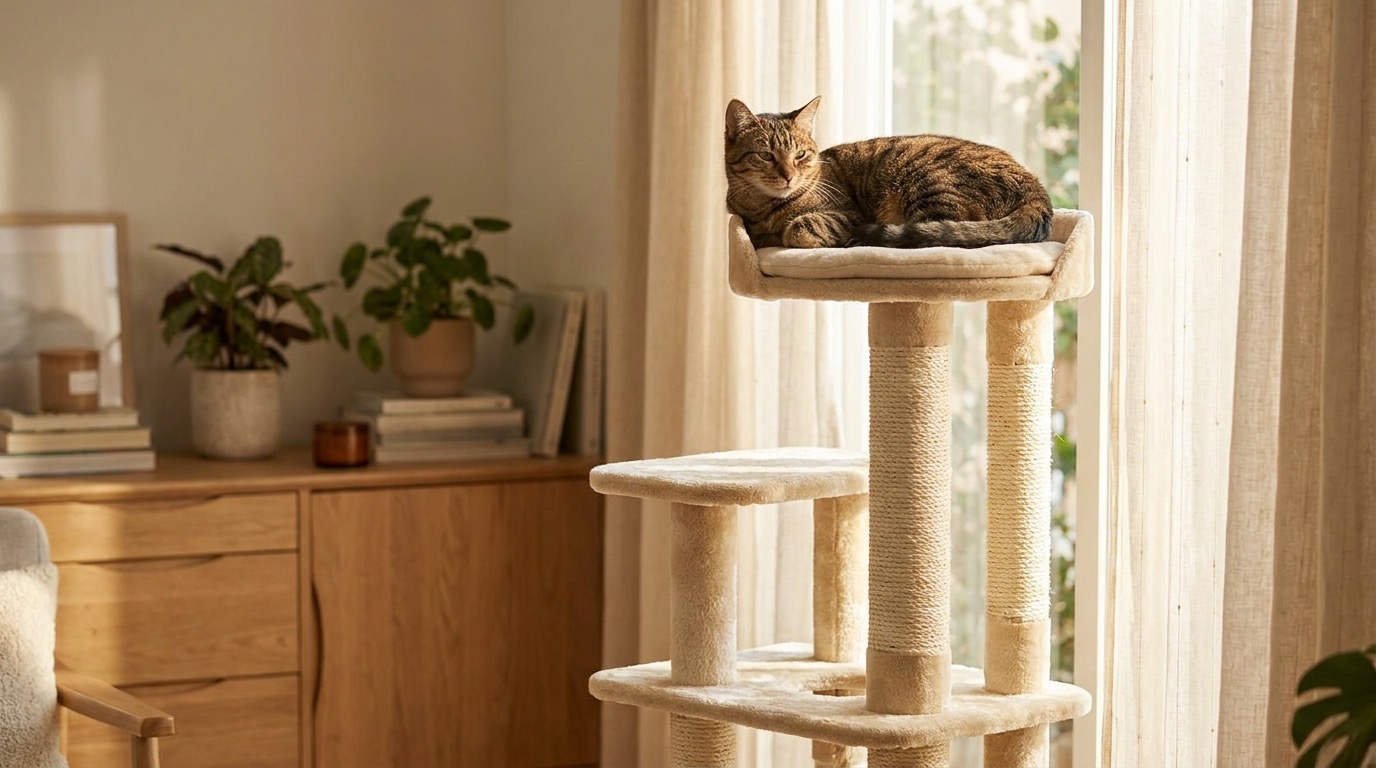 A tabby cat resting on the top platform of a tall multi-level cat tree beside a sunlit window
