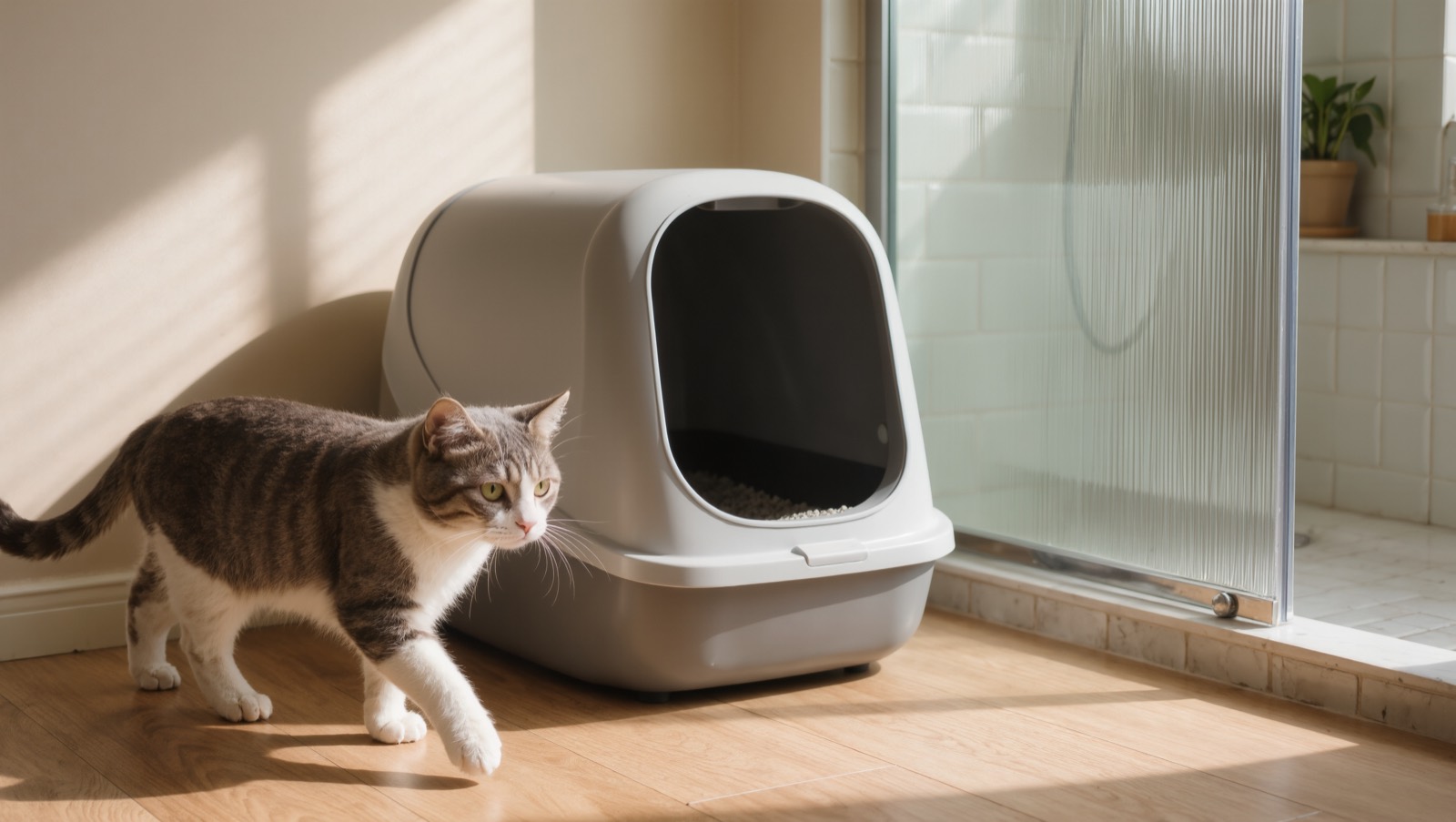 A tabby and white cat walking past a covered litter box in a bright bathroom