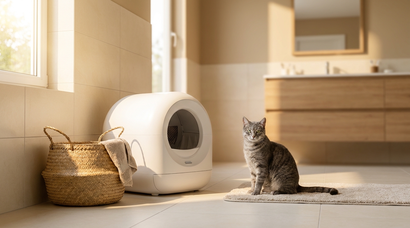 A grey tabby cat sitting beside a white automatic self-cleaning litter box in a bright bathroom