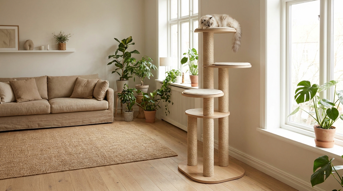 A fluffy cream and grey cat resting on the top platform of a light wooden cat tree in a bright living room